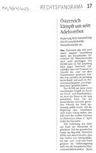 „Die Presse“ vom 17. April 2023, www.diepresse.com Österreich kämpft um sein Adelsverbot